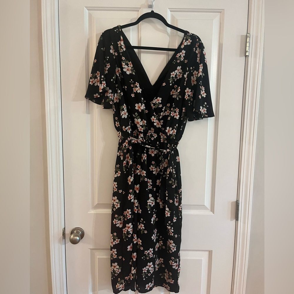 Black Floral Jumpsuit  with Tie Front and V-Neck